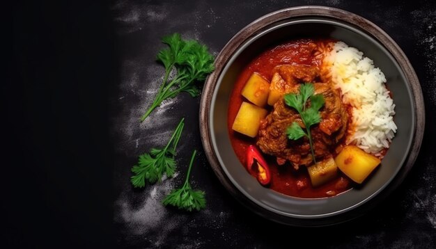 Vue de dessus délicieuse soupe de viande avec pommes de terre et riz