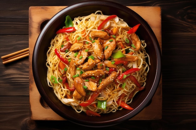 Vue de dessus de délicieuses nouilles au wok au poulet, légumes sautés et nouilles aux œufs dans un bol en bois