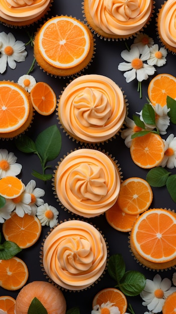 Vue de dessus sur de délicieux cupcakes à l'orange