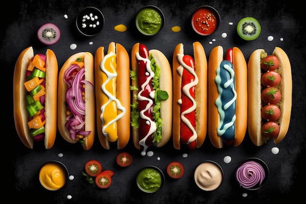 Vue de dessus de délicieux hot-dogs entièrement chargés de garnitures assorties ai illustration générative
