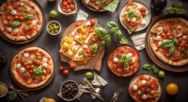 Vue de dessus de diverses pizzas assorties sur une table noire avec des ingrédients Pizzas variées avec sauce AI générative