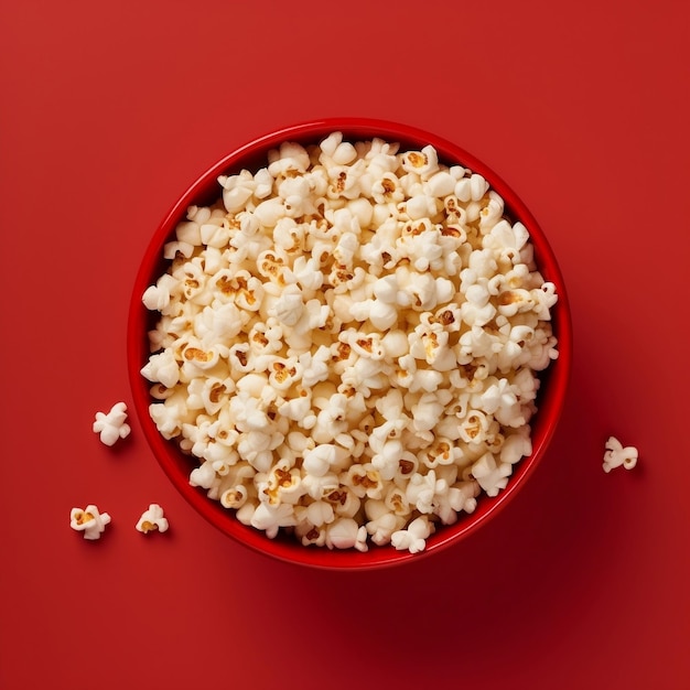 Vue de dessus du bol de pop-corn sur fond rouge AI générative