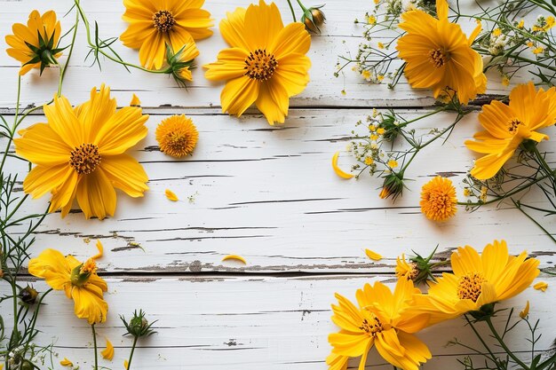 Vue de dessus du cadre de fleur de printemps jaune ou du fond en bois blanc de bordure florale