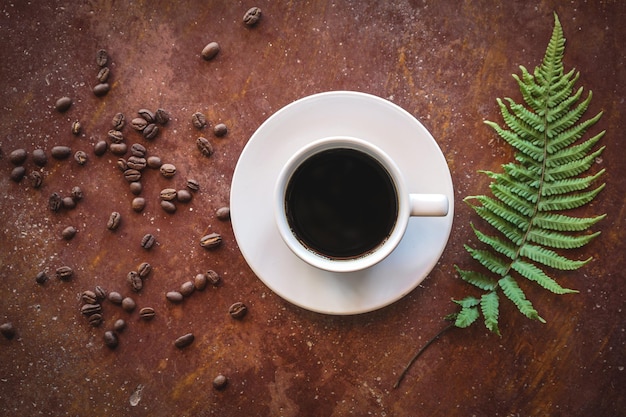 Vue De Dessus Du Café Americano Chaud Dans Une Tasse à Café Blanche Avec Des Grains De Café Et Des Feuilles De Fougère Verte