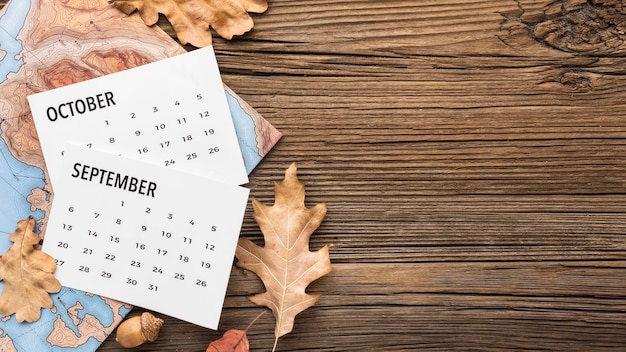 Vue de dessus du calendrier avec espace copie et feuilles d'automne