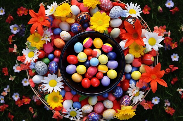 Vue de dessus du délice du panier d'oeufs de Pâques