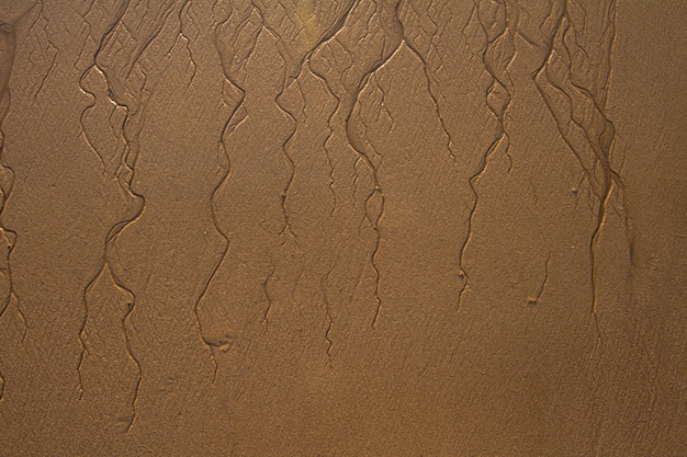 Vue de dessus du fond de lignes texturées sur le sable dans la plage créée par la marée basse.