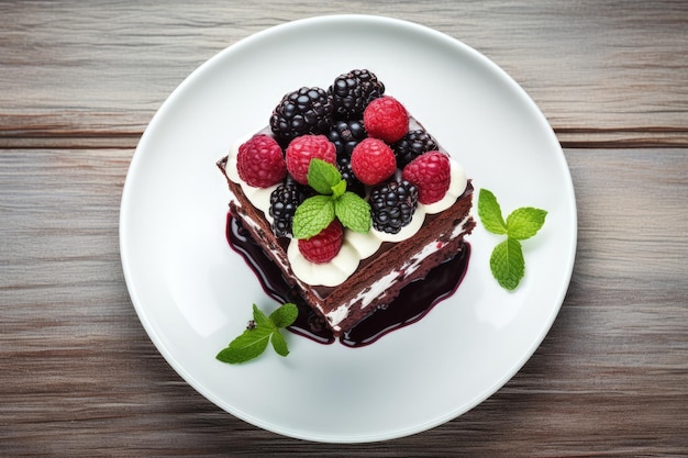 Vue de dessus du gâteau au chocolat sur une assiette blanche avec framboise, mûre et menthe contre un bois blanc