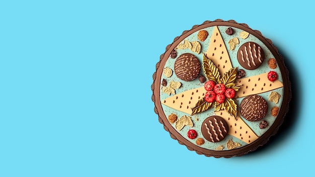 Vue de dessus du gâteau au chocolat et aux baies sur fond bleu rendu 3D