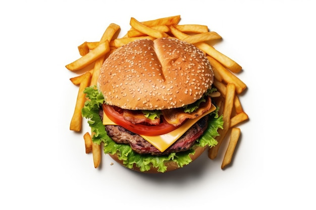 Vue de dessus du hamburger et des pommes de terre frites sur fond blanc