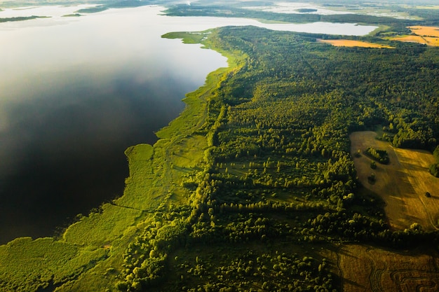 Vue de dessus du lac Drivyaty dans la forêt dans le parc national des lacs Braslav au coucher du soleil