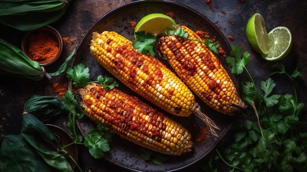 Vue de dessus du maïs sucré grillé au paprika fumé Dîner ou collation végétalien d'été AI générative