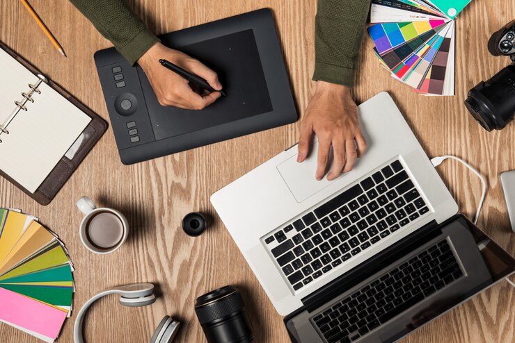 Photo vue de dessus du photographe sur le lieu de travail avec espace de copie