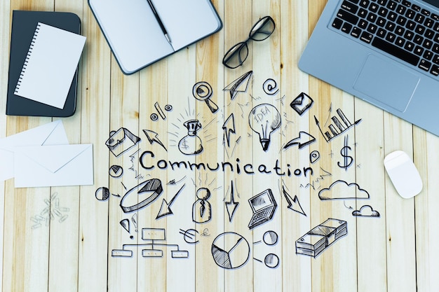 Vue de dessus du plan de communication et des graphiques boursiers