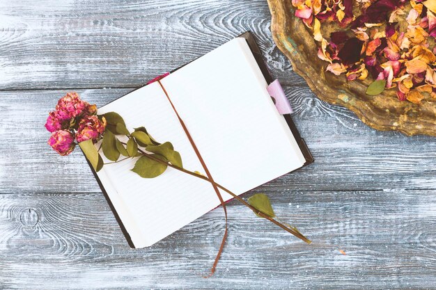 Vue de dessus du plateau vintage avec des pétales de fleurs roses séchées et un journal ou un cahier et une fleur rose séchée sur une table en bois grise. Conception plate. Espace de copie.
