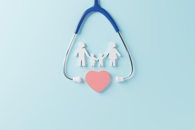 Vue de dessus du stéthoscope médical et de la famille d'icônes avec le symbole du cœur sur fond cyan Concept d'assurance-santé rendu 3d