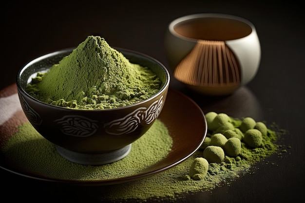 Vue de dessus du thé vert en poudre Matcha dans un bol cuillère fouet en bambou boisson traditionnelle AI générative