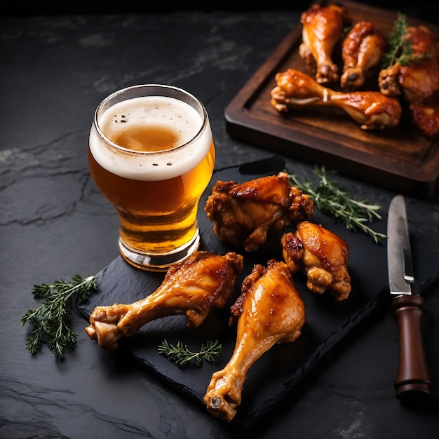 Vue de dessus du verre de cuisses de poulet à la bière sur la pierre d'ardoise noire Ai généré