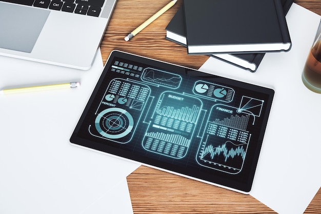 Vue de dessus de l'écran moderne de la tablette numérique avec tableur de données analytiques créatives abstraites et concept d'analyse Rendu 3D