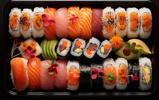 Vue de dessus d'élégance élevée des spécialités de sushi génératives par Ai