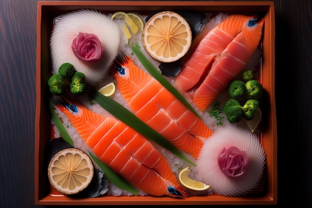 Vue de dessus de l'ensemble de sashimi préparé qui comprend des tranches de hamachi de saumon cru et de thon rouge Cuisine japonaise préférée