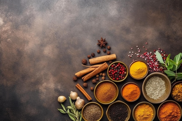 Vue de dessus d'épices et d'herbes assorties sur l'espace de copie de table en pierre