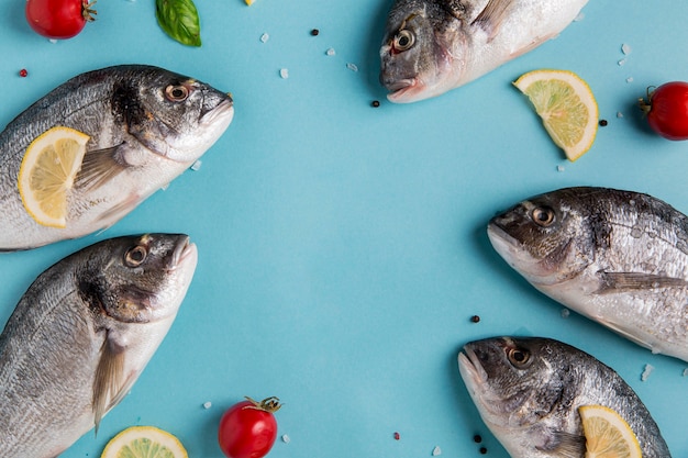 Vue de dessus de l'espace de copie de poisson de fruits de mer non cuits