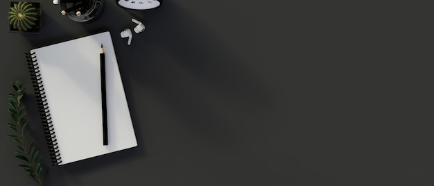 Vue de dessus de l'espace de travail sombre avec papeterie, fournitures et espace de copie, rendu 3D, illustration 3D