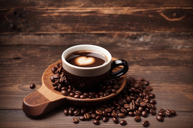 Une vue de dessus un expresso chaud avec des graines de café brun sur la boisson de tasse de café de bureau en bois brun