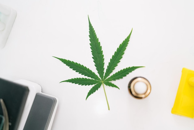 Vue de dessus de la feuille de chanvre vert et de la pipette sur la table de laboratoire blanche Feuille de cannabis et recherche sur la marijuana médicale Huile de CBD le concept de médecine alternative à base de plantes et concept de cannabis