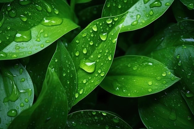 vue de dessus feuilles vertes fraîches avec texture de gouttes de pluie