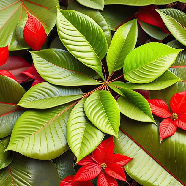 Vue de dessus des feuilles vertes plante arbustive Poinsettia sans bractées colorées ni feuilles modifiées le tropi