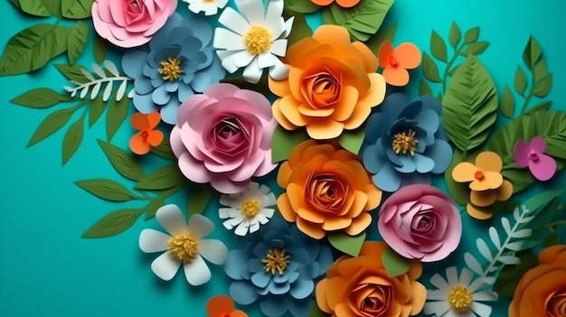 Vue de dessus de fleurs coupées en papier coloré avec greenGenerative AI