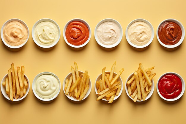 Vue de dessus d'un fond coloré avec de délicieuses frites, ketchup et mayonnaise