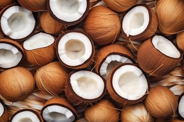 Vue de dessus fond de fruits de noix de coco avec IA générée