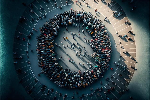 Vue de dessus foule de personnes marchant sur la route