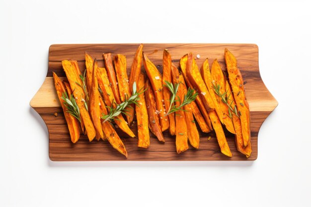 Vue De Dessus Frites De Patates Douces Sur Un Fond Blanc Boardon En Bois