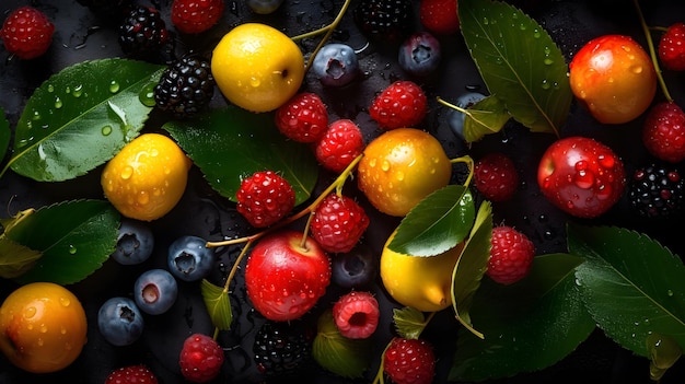 Vue de dessus de fruits de baies mélangées goutte d'eau sur les fruits