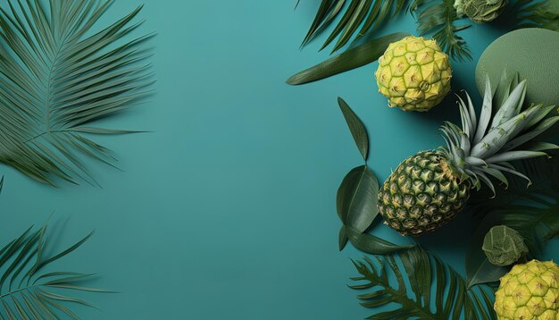 Vue de dessus avec des fruits de feuilles tropicales et de l'espace vide