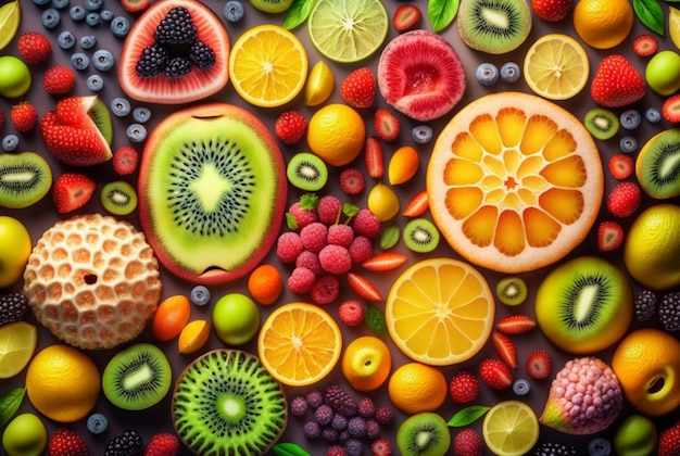 Vue de dessus des fruits frais soigneusement disposés pour le fond AI générative