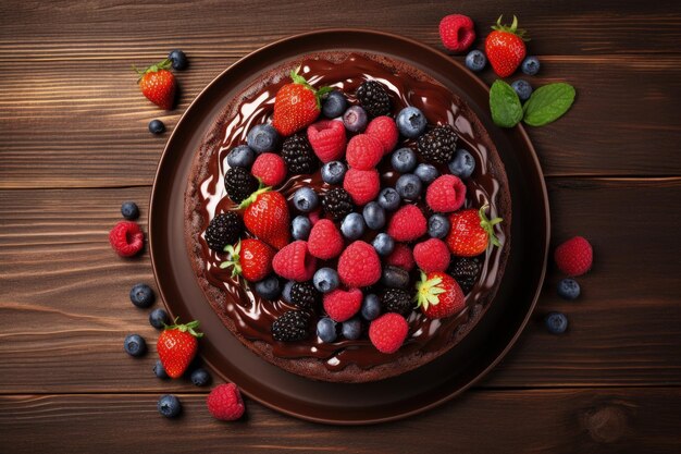 Vue de dessus d'un gâteau au chocolat fait maison avec des baies fraîches sur une table en bois