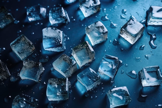 Vue de dessus des glaçons avec des gouttes d'eau éparpillées sur un fond bleu