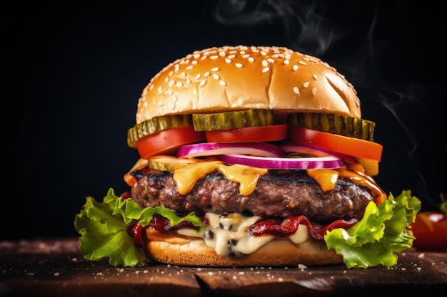 Vue de dessus d'un hamburger maison savoureux sur fond de pierre sombre, y compris le cucu de fromage de tomate de bœuf