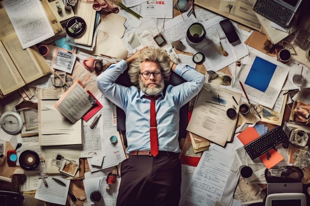 Photo une vue de dessus d'un homme d'affaires scandinave senior surmené allongé sur le sol qui est plein de papiers et de documents dans une scène de bureau generative ai aig30