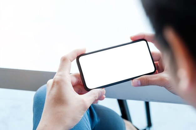 Vue de dessus homme assis et tenant un téléphone mobile à écran blanc