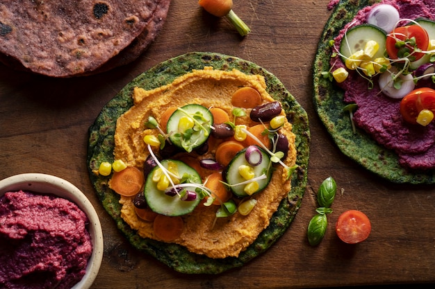 Vue de dessus sur le houmous coloré