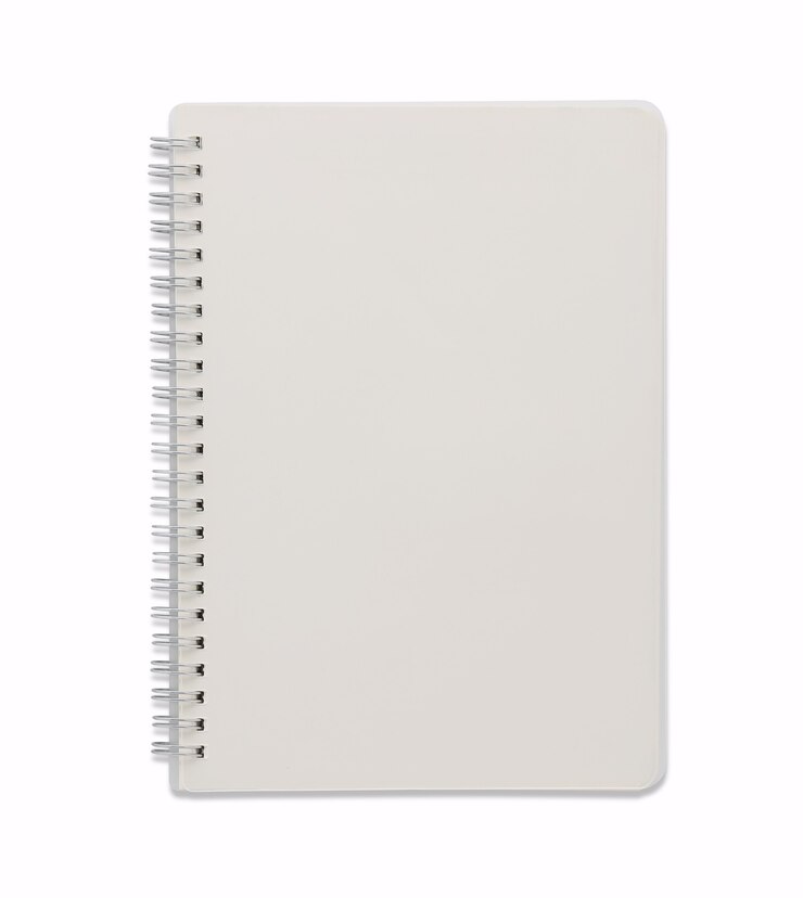 Photo vue de dessus image ouverte du cahier vierge en spirale ou du bloc-notes blanc isolé et fond blanc avec un tracé de détourage