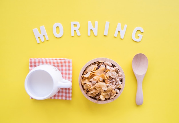 Photo vue de dessus, ingrédients du petit déjeuner sain.