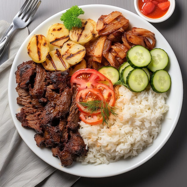 Vue de dessus d'Iskender doner kebab avec riz pommes de terre frites tomates et concombres marinés servis sur