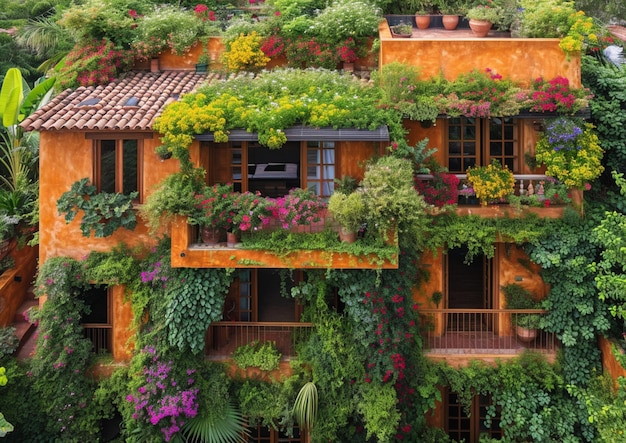 vue de dessus d'un jardin sur le toit